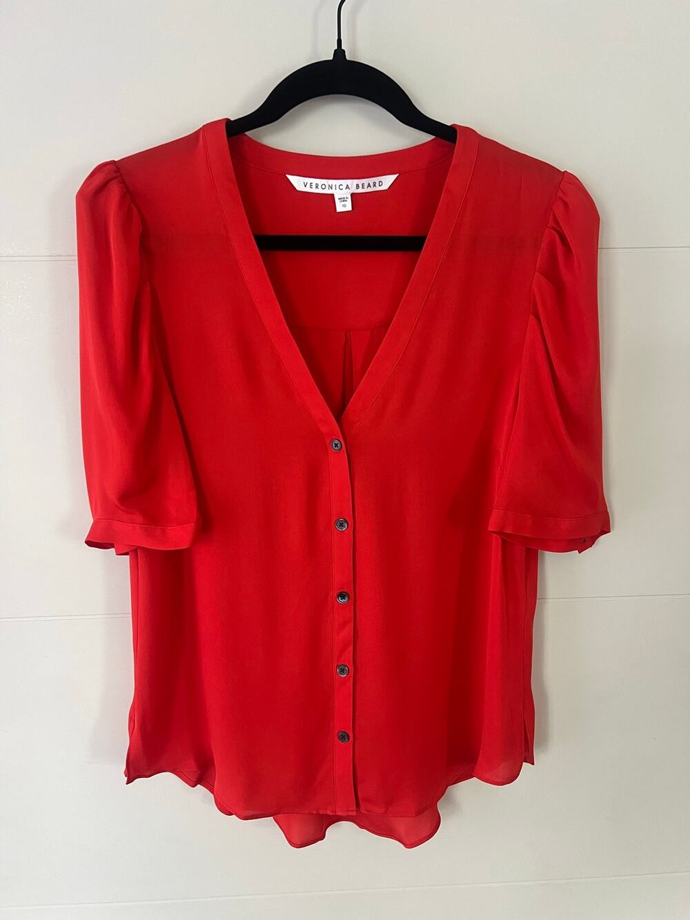 Veronica Beard Garland Blouse 100% Silk Poppy Red Color Size 10 Quiet Luxury